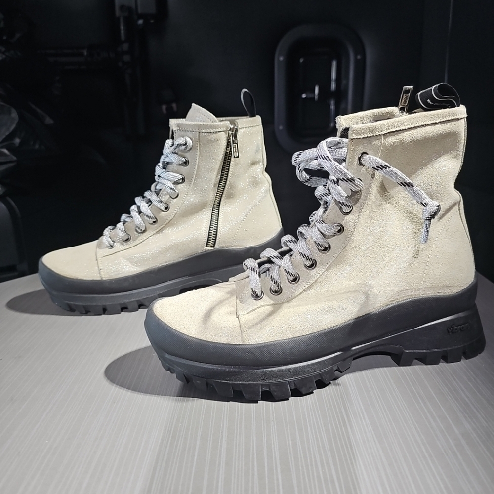 P448 Women Denise Beige Glitter Platform Lace-up Vibram Combat Boot 36 US 6 NWOT